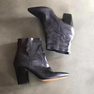 L’Intervalle Metallic Leather Western Ankle Boots Pointed Toe Block Heel Size 41